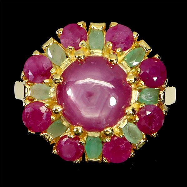 GORGEOUS 9mm ROUND RUBY AND EMERALD RING IN 14K YELLOW GOLD PLATED OVER 925 STERLING SILVER - SIZE 8