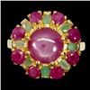 Image 1 : GORGEOUS 9mm ROUND RUBY AND EMERALD RING IN 14K YELLOW GOLD PLATED OVER 925 STERLING SILVER - SIZE 8