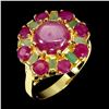 Image 2 : GORGEOUS 9mm ROUND RUBY AND EMERALD RING IN 14K YELLOW GOLD PLATED OVER 925 STERLING SILVER - SIZE 8