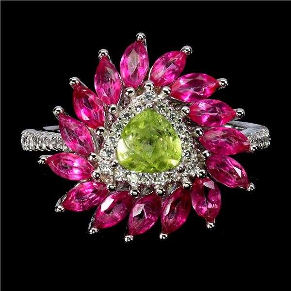 TRILLIANT CUT PERIDOT AND MARQUISE PINK TOPAZ RING IN 14K WHITE GOLD PLATED OVER 925 STERLING SILVER