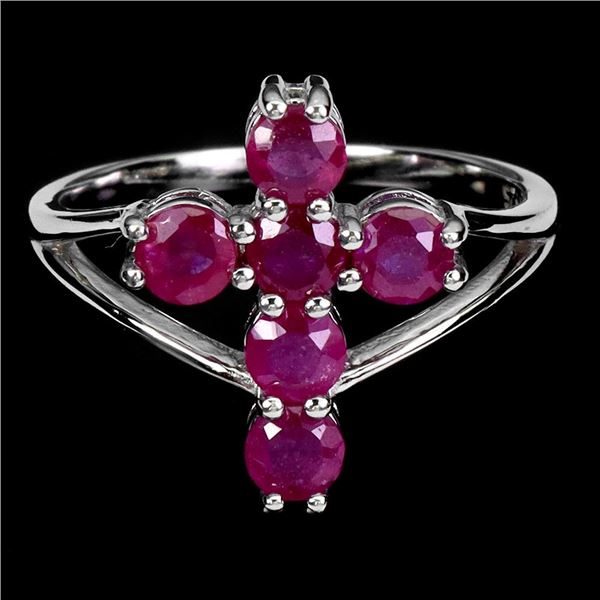 RUBY CROSS SHAPPED RING IN 14K WHITE GOLD PLATED OVER 925 STERLING SILVER - SIZE 8 - APPRAISED REPLA
