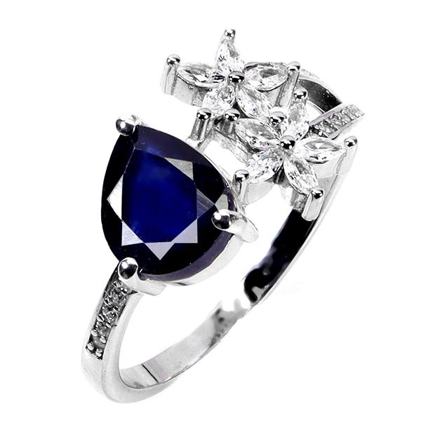 BIG 9X7 mm PEAR CUT DARK BLUE SAPPHIRE AND CZ RING IN 14K WHITE GOLD PLATED OVER 925 STERLING SILVER