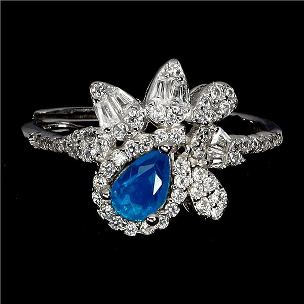 6X4 mm PEAR CUT BLUE OPAL RING IN 14K WHITE GOLD PLATED OVER 925 STERLING SILVER - SIZE 7 - APPRAISE