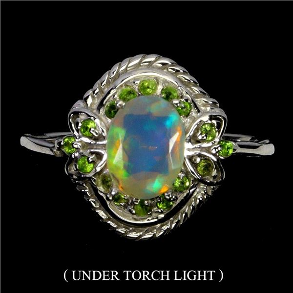 8X6 mm FIRE OPAL AND CHROME DIOPSIDE RING IN 14K WHITE GOLD PLATED OVER 925 STERLING SILVER - SIZE 8