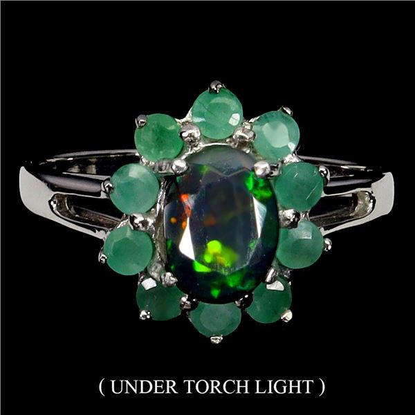 7X5 mm BLACK OPAL AND EMERALD FLOWER RING IN 14K WHITE GOLD PLATED OVER 925 STERLING SILVER - SIZE 8
