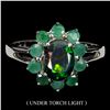 Image 1 : 7X5 mm BLACK OPAL AND EMERALD FLOWER RING IN 14K WHITE GOLD PLATED OVER 925 STERLING SILVER - SIZE 8