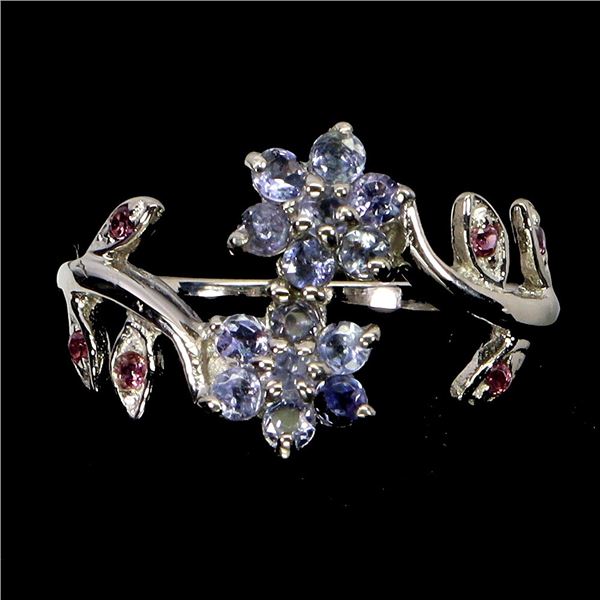 TANZANITE AND RHODOLITE GARNET RING IN 14K WHITE GOLD PLATED OVER 925 STERLING SILVER - SIZE 8 - APP
