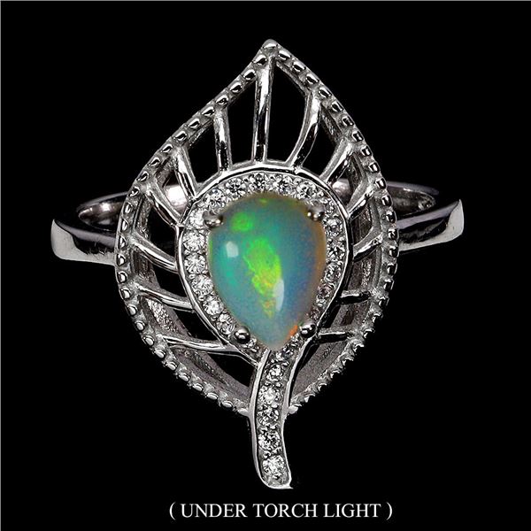 8X6 mm FIRE OPAL RING IN 14K WHITE GOLD PLATED OVER 925 STERLING SILVER - SIZE 8.5 - APPRAISED REPLA