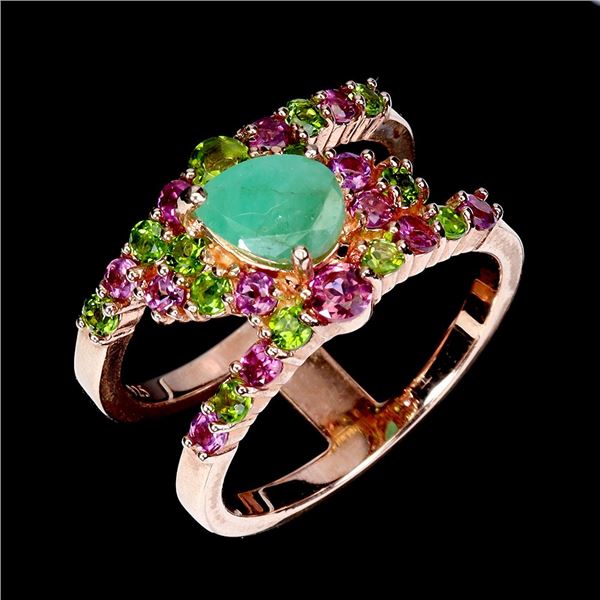 7X5 mm EMERALD, CHROME DIOPSIDE AND RHODOLITE GARNETRING IN 14K ROSE GOLD PLATED OVER 925 STERLING S