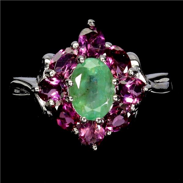 BIG 7X6 mm OVAL EMERALD AND RHODOLITE GARNET RING IN 14K WHITE GOLD PLATED OVER 925 STERLING SILVER 