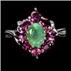 Image 1 : BIG 7X6 mm OVAL EMERALD AND RHODOLITE GARNET RING IN 14K WHITE GOLD PLATED OVER 925 STERLING SILVER 