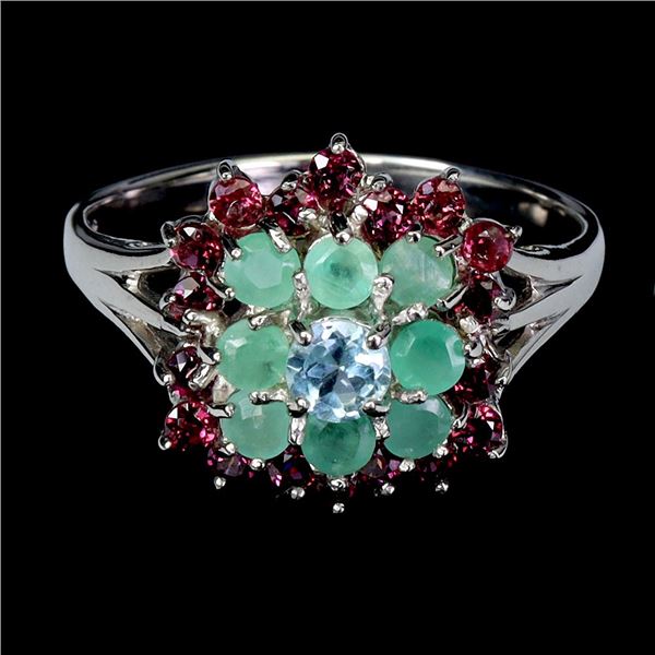 EMERALD, SKY BLUE TOPAZ AND RHODOLITE GARNET RING IN 14K WHITE GOLD PLATED OVER 925 STERLING SILVER 