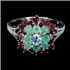 Image 1 : EMERALD, SKY BLUE TOPAZ AND RHODOLITE GARNET RING IN 14K WHITE GOLD PLATED OVER 925 STERLING SILVER 