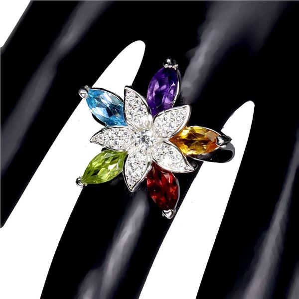 MUTIPLE GEMSTONES: CITRINE, AMETHYST,MOZAMBIQUE GARNET, CZ, PERIDOT AND SKY BLUE TOPAZ RING IN 14K W