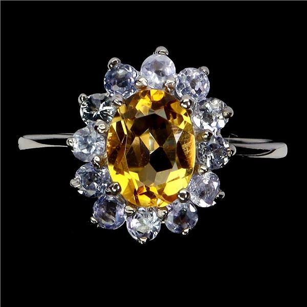 BIG 8X6 mm OVAL CITRINE AND TANZANITE RING IN 14K WHITE GOLD PLATED OVER 925 STERLING SILVER - SIZE 