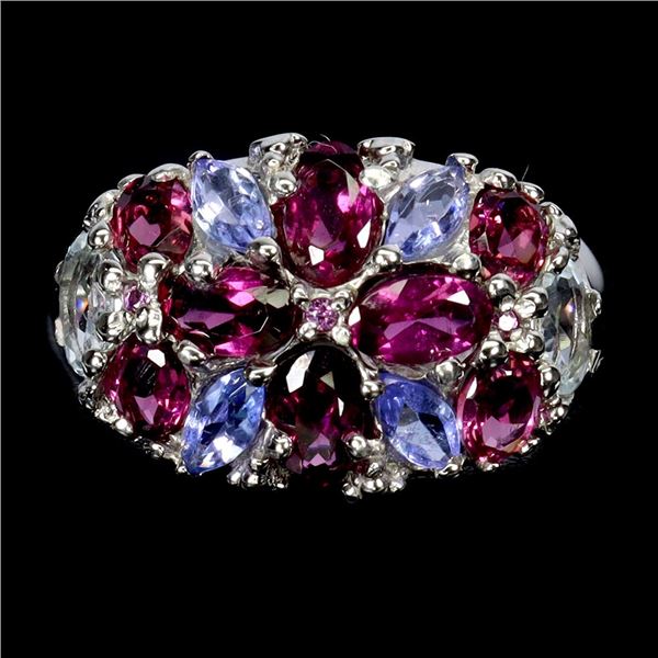 RHODOLITE GARNET AND AQUAMARINE RING IN 14K WHITE GOLD PLATED OVER 925 STERLING SILVER - SIZE 7 - AP