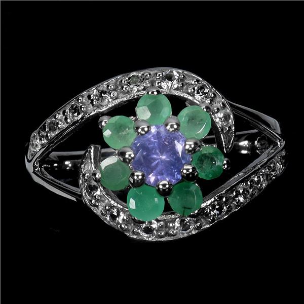 TANZANITE AND EMERALD RING IN 14K WHITE GOLD PLATED OVER 925 STERLING SILVER - SIZE 8 - APPRAISED RE
