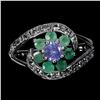 Image 1 : TANZANITE AND EMERALD RING IN 14K WHITE GOLD PLATED OVER 925 STERLING SILVER - SIZE 8 - APPRAISED RE