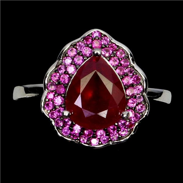 FANTASTIC 9X7 mm RUBY AND PINK SAPPHIRE RING IN 14K WHITE GOLD PLATED OVER 925 STERLING SILVER - SIZ