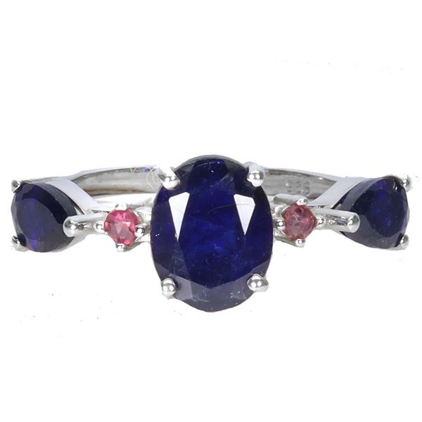 BIG 9X7 mm BLUE SAPPHIRE AND RUBY RING IN 14K WHITE GOLD PLATED OVER 925 STERLING SILVER - SIZE 7 - 