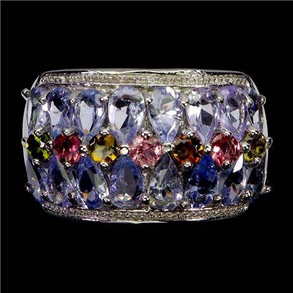 TANZANITE AND TOURMALINE RING IN 14K WHITE GOLD PLATED OVER 925 STERLING SILVER - SIZE 8 - APPRAISED