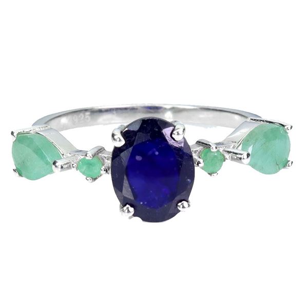 9X7 mm BLUE SAPPHIRE AND EMERALD RING IN 14K WHITE GOLD PLATED OVER 925 STERLING SILVER - SIZE 9 - A