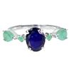 Image 1 : 9X7 mm BLUE SAPPHIRE AND EMERALD RING IN 14K WHITE GOLD PLATED OVER 925 STERLING SILVER - SIZE 9 - A