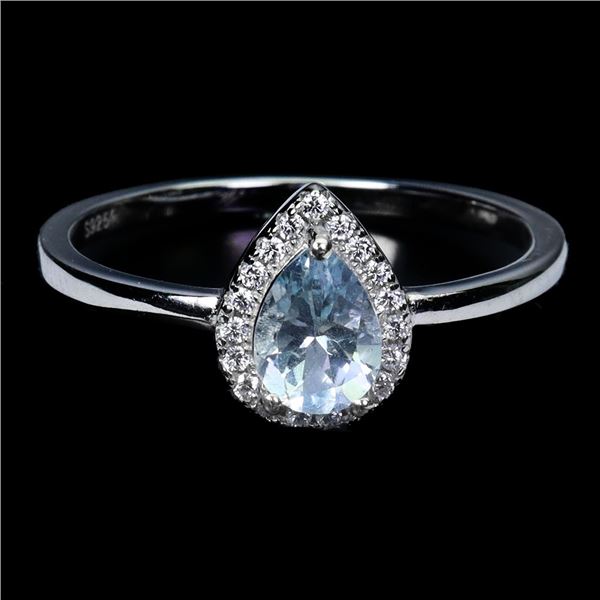7X5 mm PEAR AQUAMARINE RING IN 14K WHITE GOLD PLATED OVER 925 STERLING SILVER - SIZE 9 - APPRAISED R