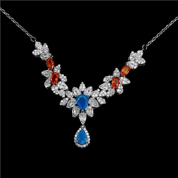 SUPERB BLUE AND ORANGE OPAL NECKLACE IN 14K WHITE GOLD PLATED OVER 925 STERLING SILVER - 17.5 INCHES