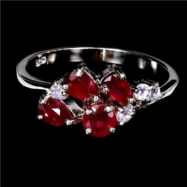 RUBY AND TANZANITE RING IN 14K WHITE GOLD PLATED OVER 925 STERLING SILVER - SIZE 7 - APPRAISED REPLA