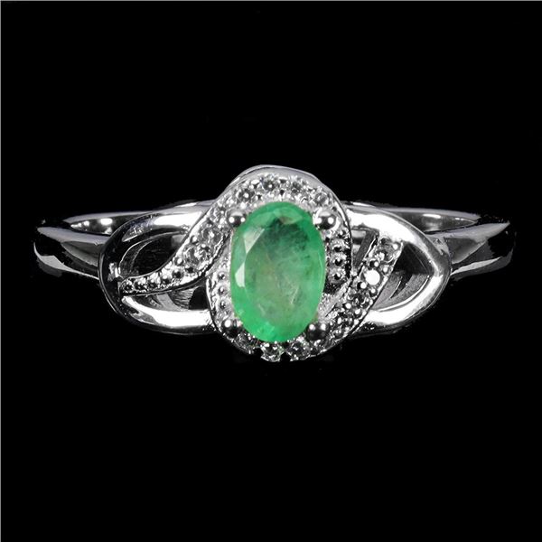 6X4 mm OVAL EMERALD RING IN 14K WHITE GOLD PLATED OVER 925 STERLING SILVER - SIZE 8 - APPRAISED REPL