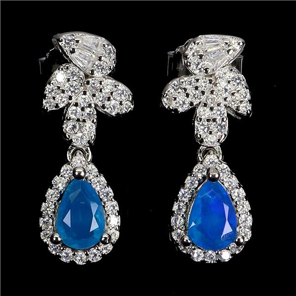 mm PEAR CUT BLUE OPAL EARRINGS IN 14K WHITE GOLD PLATED OVER 925 STERLING SILVER - APPRAISED
