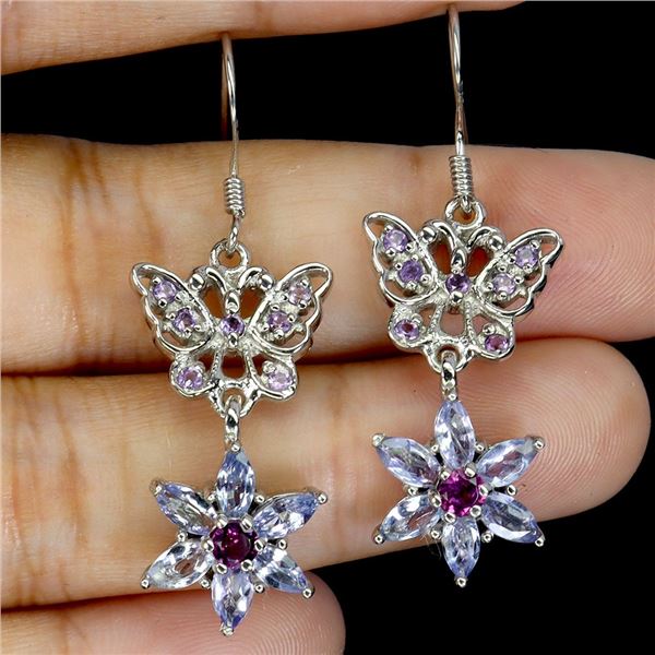 TANZANITE AND AMETHYST EARRINGS IN 14K WHITE GOLD PLATED OVER 925 STERLING SILVER - PPRAISED REPLACE