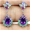 Image 1 : BIG PEAR CUT 8X6 mm AMETHYST AND EMERALD EARRINGS IN 14K WHITE GOLD PLATED OVER 925 STERLING SILVER 