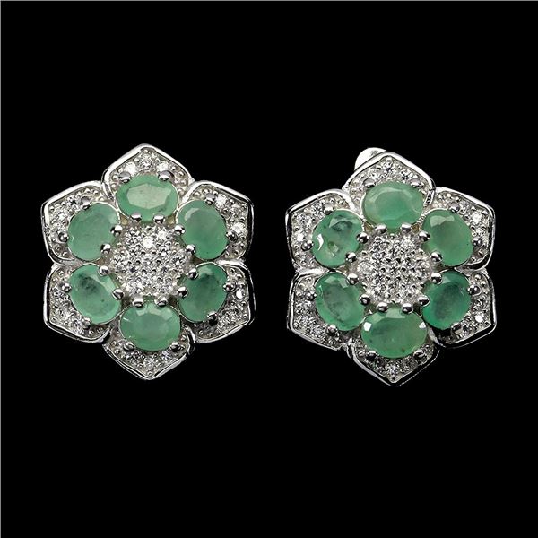 EMERALD FLOWER SHAPPED EARRINGS IN 14K WHITE GOLD PLATED OVER 925 STERLING SILVER - APPRAISED REPLAC