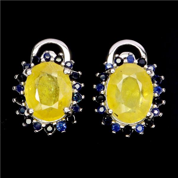 VALUABLE 9X7 mm YELLOW SAPPHIRE AND BLUE SAPPHIRE EARRINGS IN 14K WHITE GOLD PLATED OVER 925 STERLIN