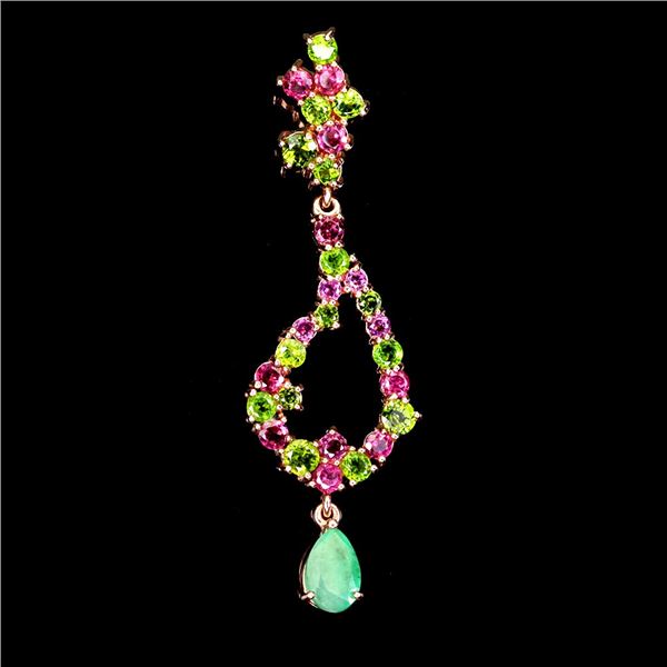 EMERALD, CHROME DIOPSIDE AND RHODOLITE GARNET PENDANT IN 14K ROSE GOLD PLATED OVER 925 STERLING SILV