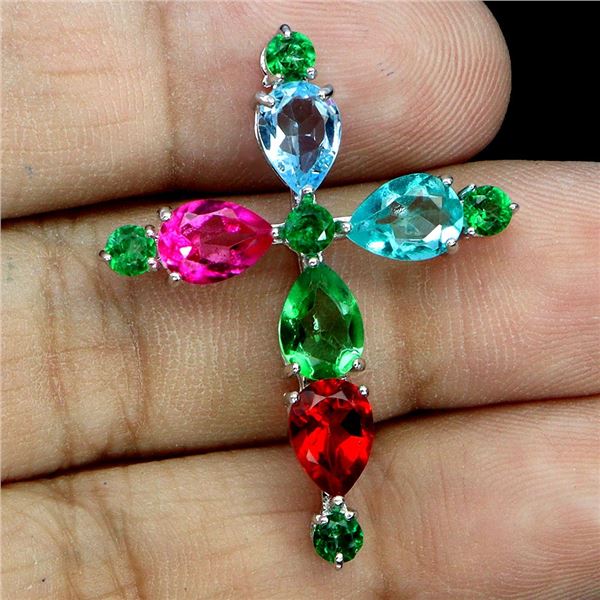 RED, GREEN, PARAIBA BLUE AND SKY BLUE TOPAZ CROSS SHAPPED PENDANT IN BLACK RHODIUM PLATED OVER 925 S