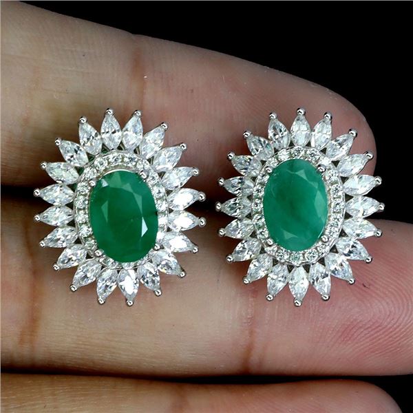 BIG 7X5 mm OVAL EMERALD EARRINGS IN 14K WHITE GOLD PLATED OVER 925 STERLING SILVER - APPRAISED REPLA