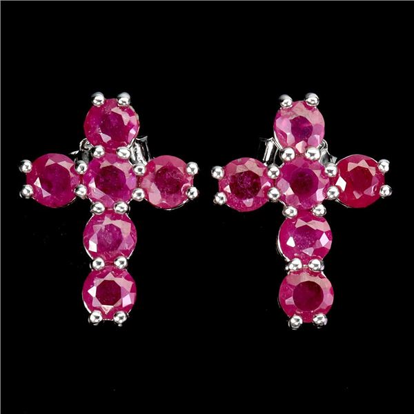 ROUND RUBY CROSS SHAPPED EARRINGS IN 14K WHITE GOLD PLATED OVER 925 STERLING SILVER - APPRAISED REPL