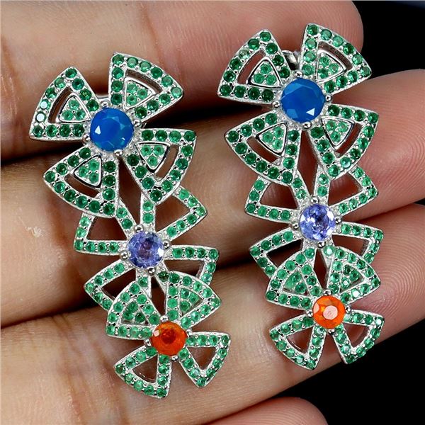 ROUND ORANGE OPAL, BLUE OPAL, TANZANITE AND GREEN CZ EARRINGS IN 14K WHITE GOLD PLATED OVER 925 STER