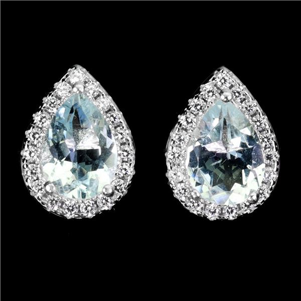 7X5 mm PEAR AQUAMARINE EARRINGS IN 14K WHITE GOLD PLATED OVER 925 STERLING SILVER - APPRAISED REPLAC