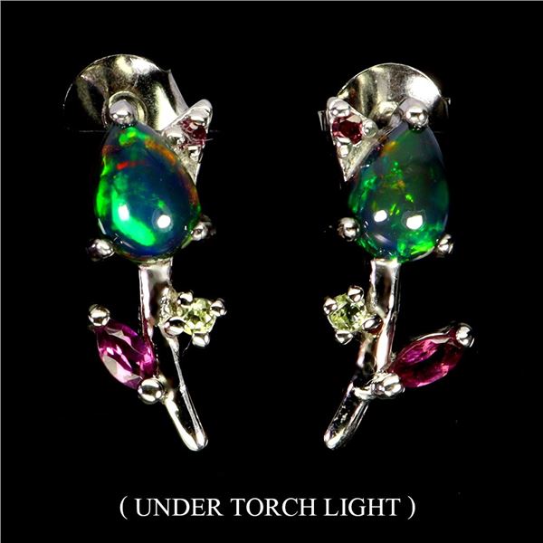 BLACK OPAL, RHODOLITE GARNET AND PERIDOT EARRINGS IN 14K WHITE GOLD PLATED OVER 925 STERLING SILVER 