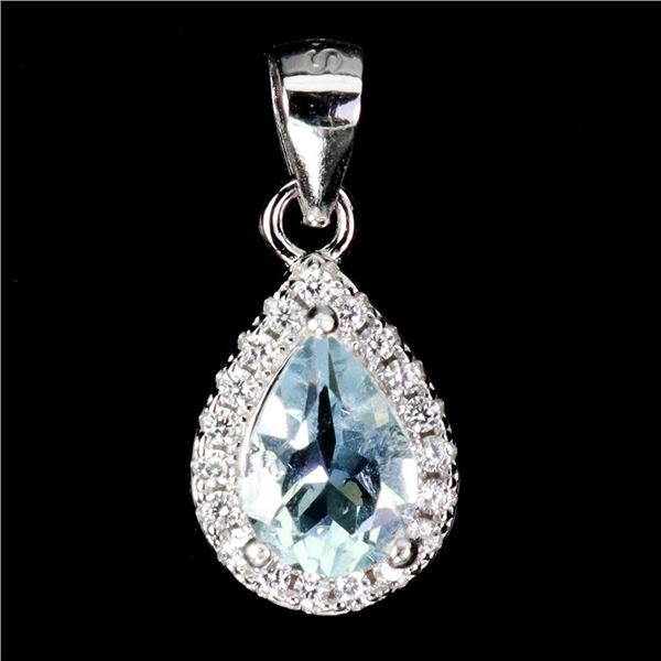 7X5 mm PEAR AQUAMARINE PENDANT IN 14K WHITE GOLD PLATED OVER 925 STERLING SILVER - SIZE 8 - APPRAISE