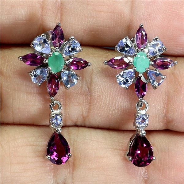 EMERALD, TANZANITE AND RHODOLITE GARNET EARRINGS IN 14K WHITE GOLD PLATED OVER 925 STERLING SILVER -