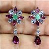 Image 1 : EMERALD, TANZANITE AND RHODOLITE GARNET EARRINGS IN 14K WHITE GOLD PLATED OVER 925 STERLING SILVER -