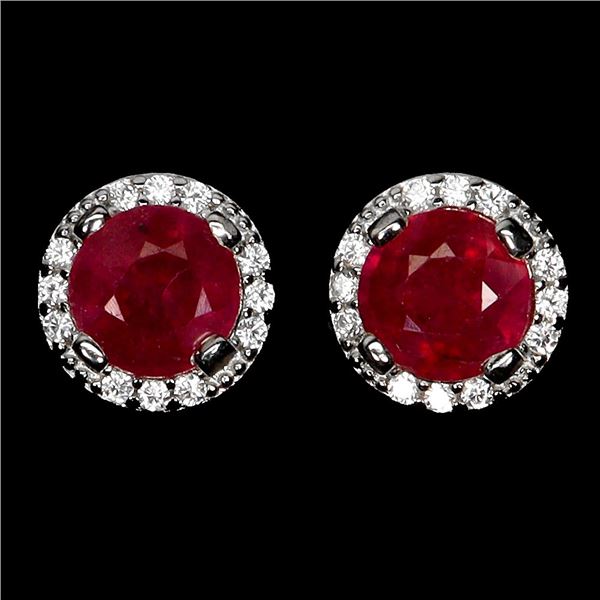 6 mm ROUND RUBY EARRINGS IN 14K WHITE GOLD PLATED OVER 925 STERLING SILVER - APPRAISED REPLACEMENT V
