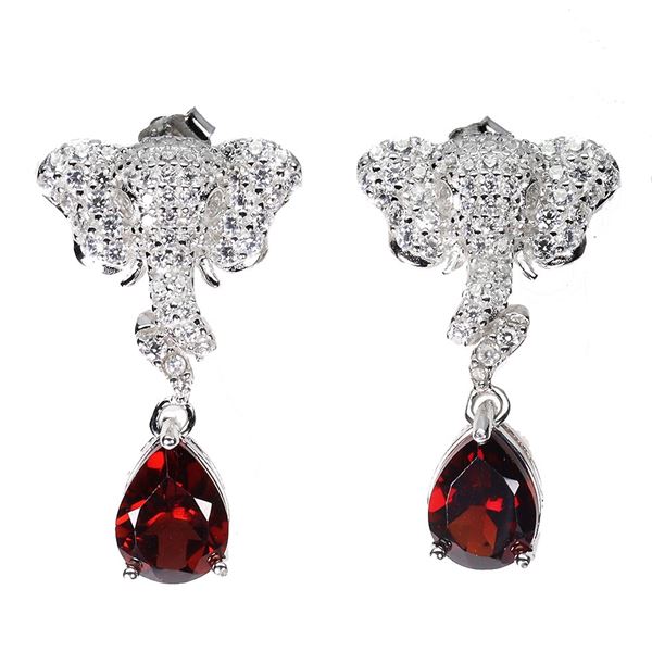 MOZAMBIQUE GARNET ELEPHANT SHAPED EARRINGS IN 14K WHITE GOLD PLATED OVER 925 STERLING SILVER - APPRA
