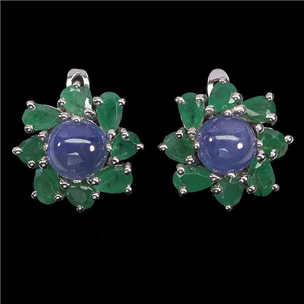 7 mm OVAL BLUE SAPPHIRE AND EMERALD EARRINGS IN 14K WHITE GOLD PLATED OVER 925 STERLING SILVER - APP