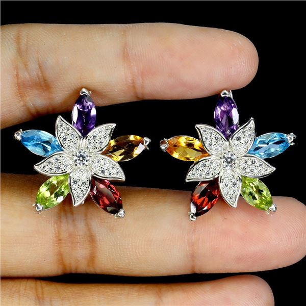 CITRINE, AMETHYST, SWISS BLE TOPAZ, PERIDOT AND RHODOLITE GARNET EARRINGS IN 14K WHITE GOLD PLATED O